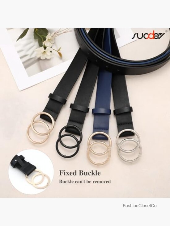 Women\'s Faux Leather Double O-Ring Belt for Jeans Dresses